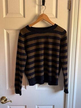 Vince 100% Cashmere Striped Crewneck Sweater | Navy Olive | S